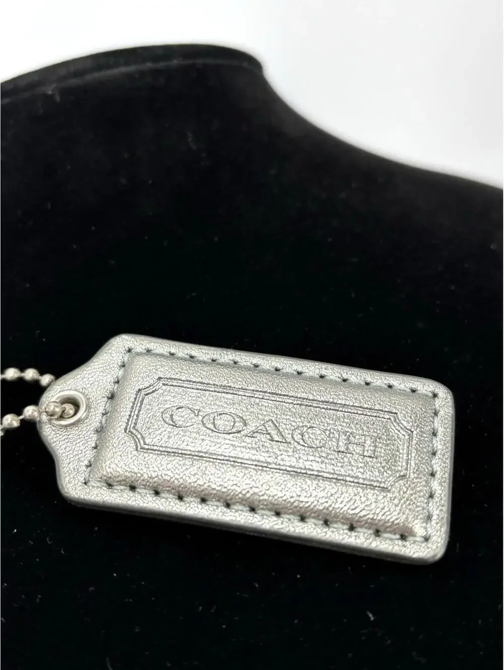 Coach Silver Metallic Leather Keychain Bag Charm Purse Chain Hang Tag Accessory